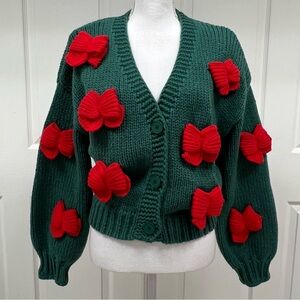 Luna Ivy Green/ Red Bows Chunky Knit Heirloom Cardigan Sweater Size S